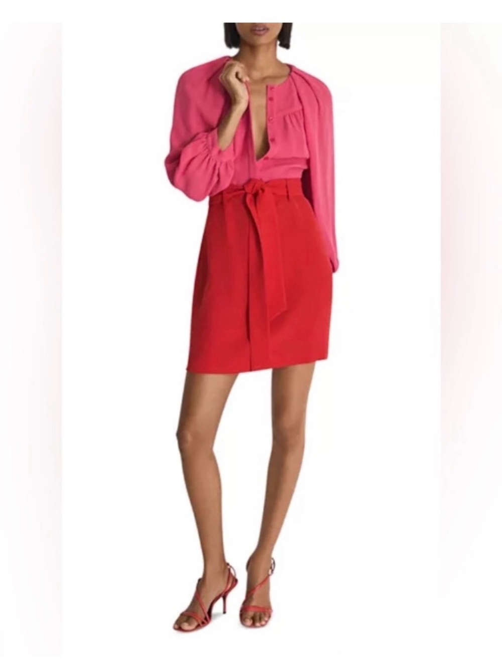 Reiss Two-Tone Pink and Red Long-Sleeve Belted Dress - Picture 4 of 7